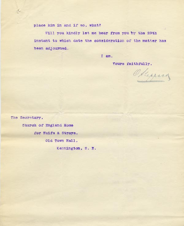Large size image of Case 9498 29. Letter from Devizes Union asking to know if there is any problem other than his requiring an artificial leg which has kept A. from finding a situation  11 November 1910
 page 2