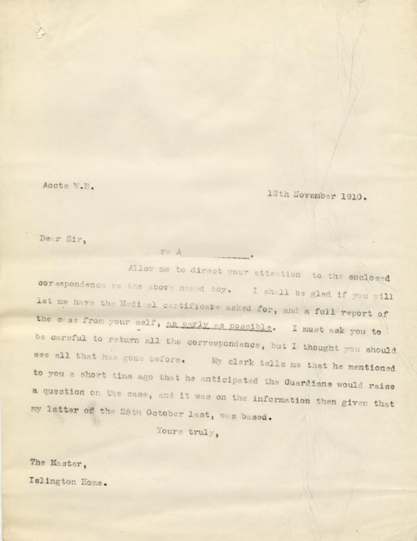 Large size image of Case 9498 31. Copy letter from Revd Edward Rudolf to the Islington Home requesting a medical certificate and a full report on A's case  12 November 1910
 page 1