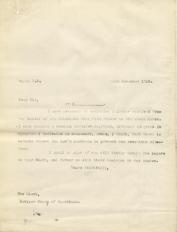 Large size image of Case 9498 33. Copy letter from Revd Edward Rudolf to the Devizes Union sending them reports on A.  23 November 1910
 page 1
