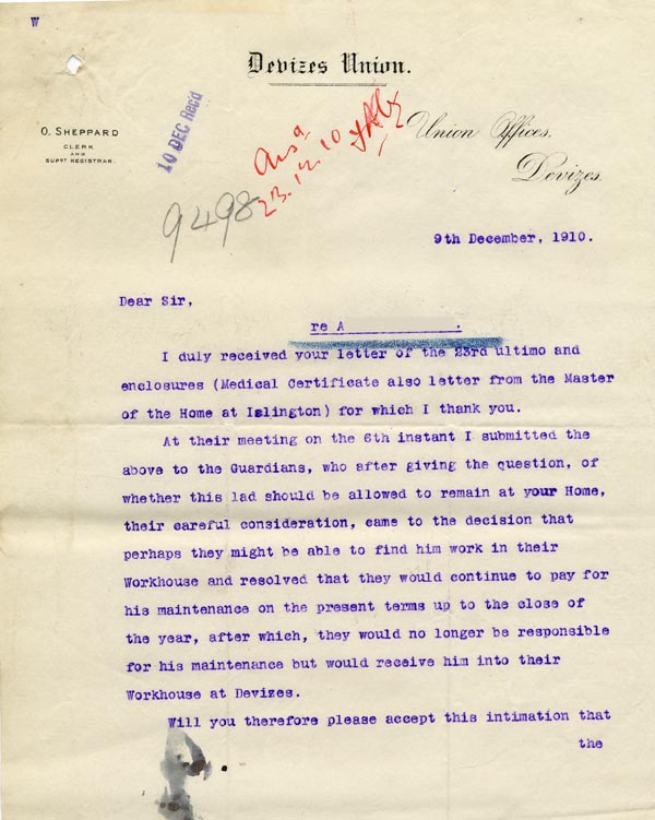 Large size image of Case 9498 34. Letter from the Devizes Union saying they will support A. up to the end of the year and will then receive him into the Workhouse at Devizes  9 December 1910
 page 1