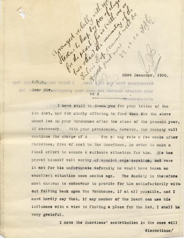 Large size image of Case 9498 35. Copy letter to the Devizes Union saying that the Society will continue to maintain A. for a while in the hope of finding a suitable situation for him  23 December 1910
 page 1