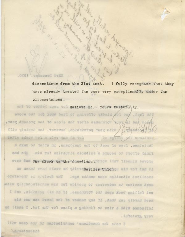 Large size image of Case 9498 35. Copy letter to the Devizes Union saying that the Society will continue to maintain A. for a while in the hope of finding a suitable situation for him  23 December 1910
 page 2