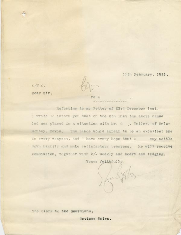 Large size image of Case 9498 37. Copy letter to the Devizes Union informing them of A's situation in Devon  11 February 1911
 page 1