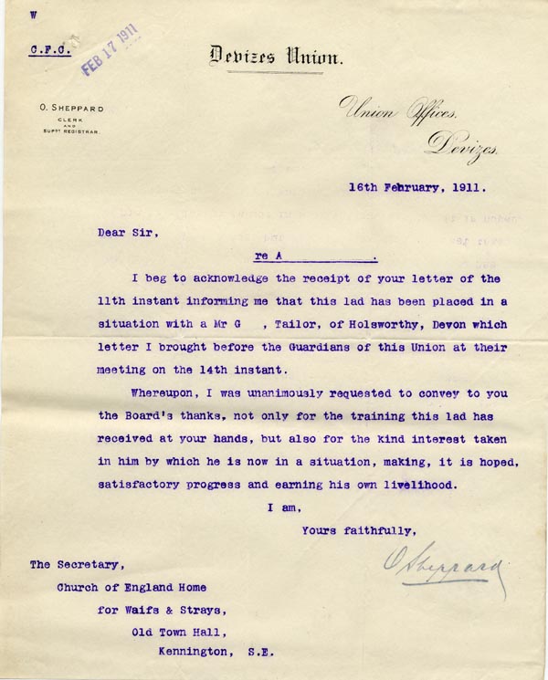 Large size image of Case 9498 38. Letter of thanks from the Devizes Union  16 February 1911
 page 1