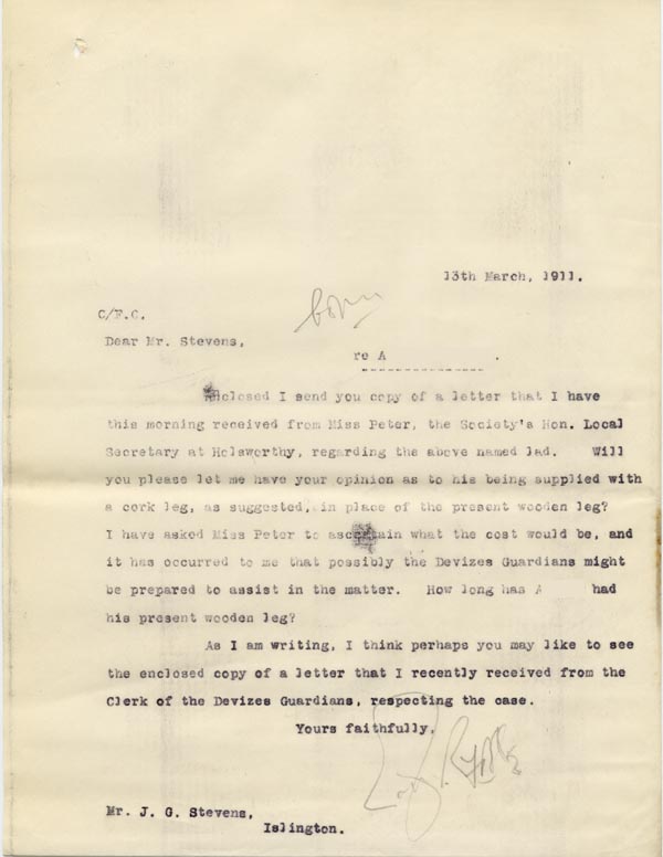 Large size image of Case 9498 41. Copy letter to the Islington Home asking for their opinion on supplying A. with a cork leg  13 March 1911
 page 1