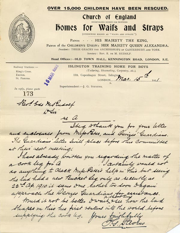 Large size image of Case 9498 43. Letter from the Islington Home to the Revd Edward Rudolf again stating the desirability of waiting a while before supplying a cork leg  15 March 1911
 page 1