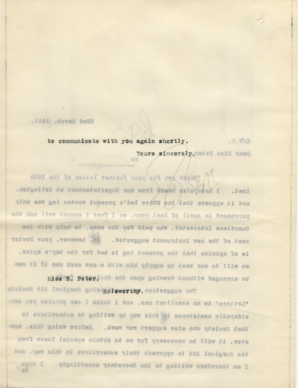 Large size image of Case 9498 45. Copy letter to Miss Peter discussing the possibility of a cork leg for A. and the help that may be received from the Surgical Aid Society  22 March 1911
 page 2