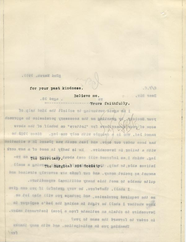 Large size image of Case 9498 46. Copy letter from Revd Edward Rudolf to the Surgical Aid Society asking for permission to approach some of their subscribers for (quote)Letters(unquote) [of recommendation worth 5/- each] on behalf of A.  22 March 1911
 page 2