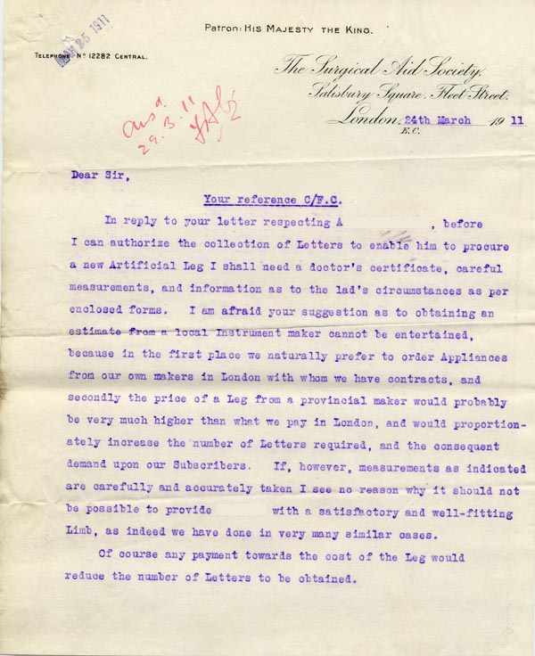 Large size image of Case 9498 48. Letter from the Surgical Aid Society setting out their conditions  24 March 1911
 page 1
