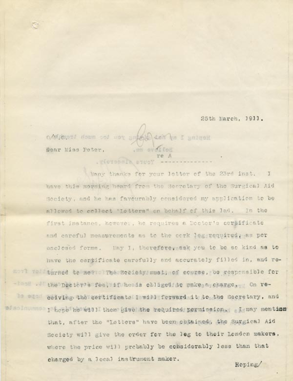 Large size image of Case 9498 49. Copy letter to Miss Peter informing her of the Surgical Aid Society's requirements  25 March 1911
 page 1
