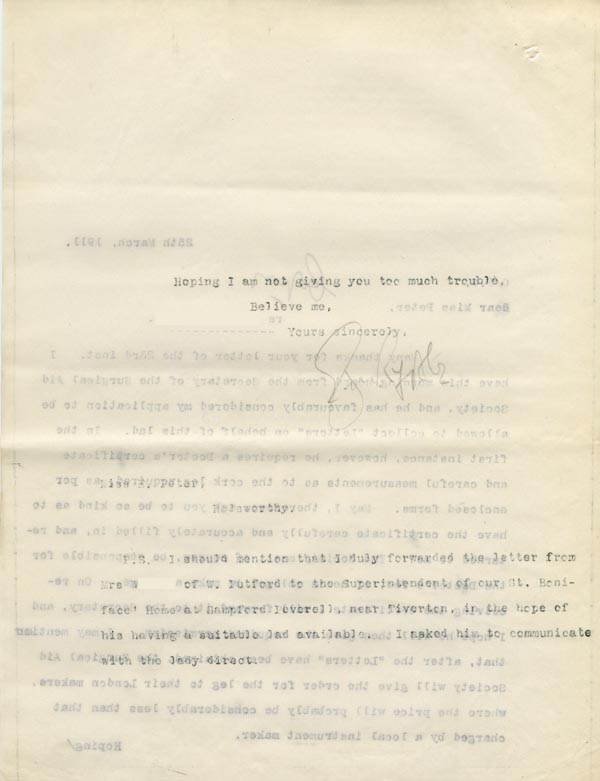 Large size image of Case 9498 49. Copy letter to Miss Peter informing her of the Surgical Aid Society's requirements  25 March 1911
 page 2