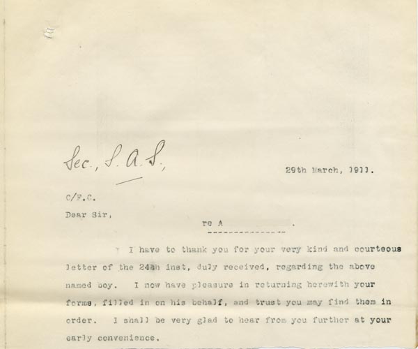 Large size image of Case 9498 51. Copy letter to the Surgical Aid Society returning the completed forms  29 March 1911
 page 1