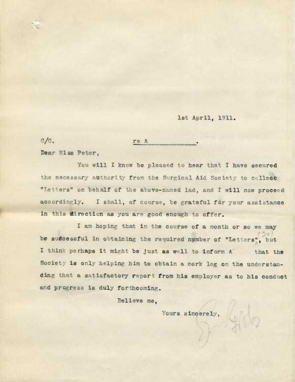Large size image of Case 9498 53. Copy letter to Miss Peter informing her of the Surgical Aid Society's authority to collect (quote)Letters(unquote) for A.  1 April 1911
 page 1
