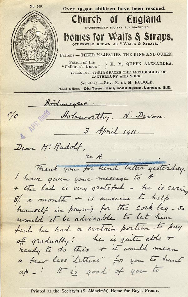 Large size image of Case 9498 54. Letter from Miss Peter saying that A. is keen to help pay for his leg out of his own wages  3 April 1911
 page 1