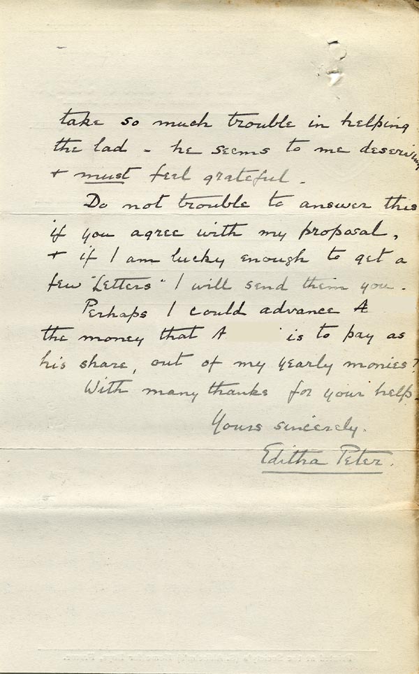 Large size image of Case 9498 54. Letter from Miss Peter saying that A. is keen to help pay for his leg out of his own wages  3 April 1911
 page 2
