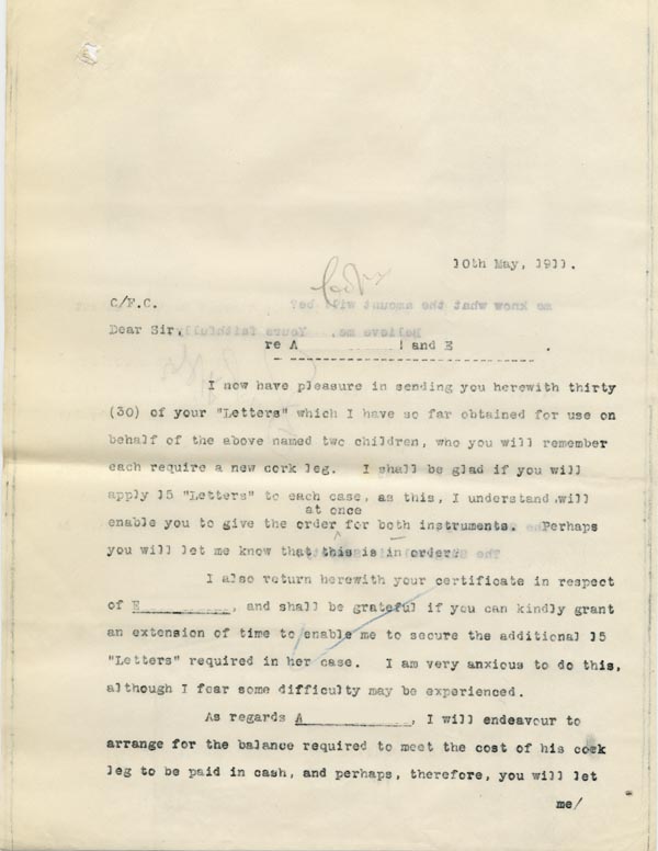 Large size image of Case 9498 55. Copy letter from the Revd Edward Rudolf to the Surgical Aid Society enclosing 15  (quote)Letters(unquote) to be used for A. and offering to pay the balance in cash  10 May 1911
 page 1