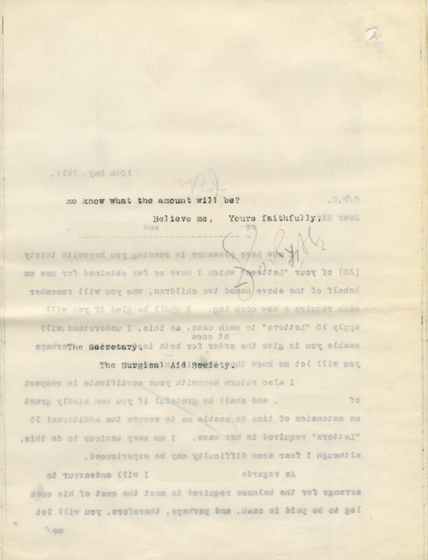 Large size image of Case 9498 55. Copy letter from the Revd Edward Rudolf to the Surgical Aid Society enclosing 15  (quote)Letters(unquote) to be used for A. and offering to pay the balance in cash  10 May 1911
 page 2