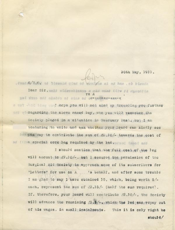 Large size image of Case 9498 56. Copy letter to the Devizes Union asking if they would contribute towards the cost of the leg  10 May 1911
 page 1