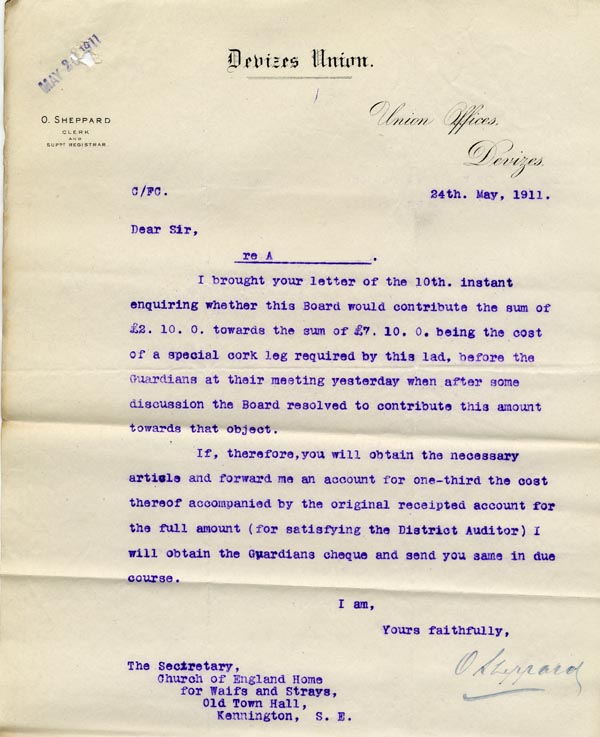Large size image of Case 9498 58. Letter from Devizes Union agreeing to contribute towards the cost of the leg  24 May 1911
 page 1