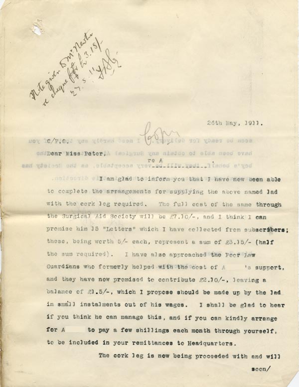 Large size image of Case 9498 59. Copy letter to Miss Peter concerning arrangements for paying for the leg  26 May 1911
 page 1