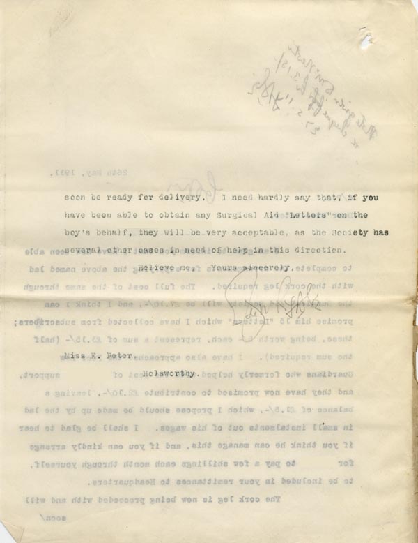 Large size image of Case 9498 59. Copy letter to Miss Peter concerning arrangements for paying for the leg  26 May 1911
 page 2