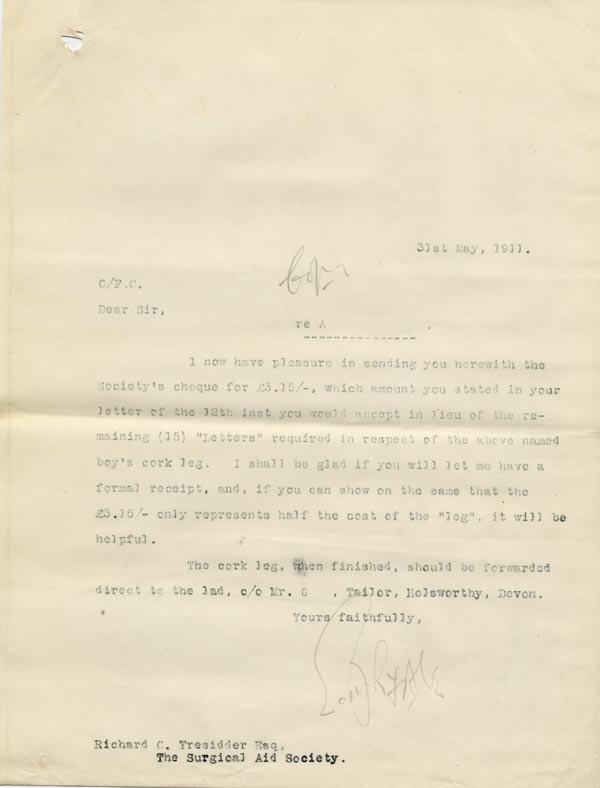 Large size image of Case 9498 62. Copy letter to the Surgical Aid Society enclosing the cheque for part payment of A's leg  31 May 1911
 page 1