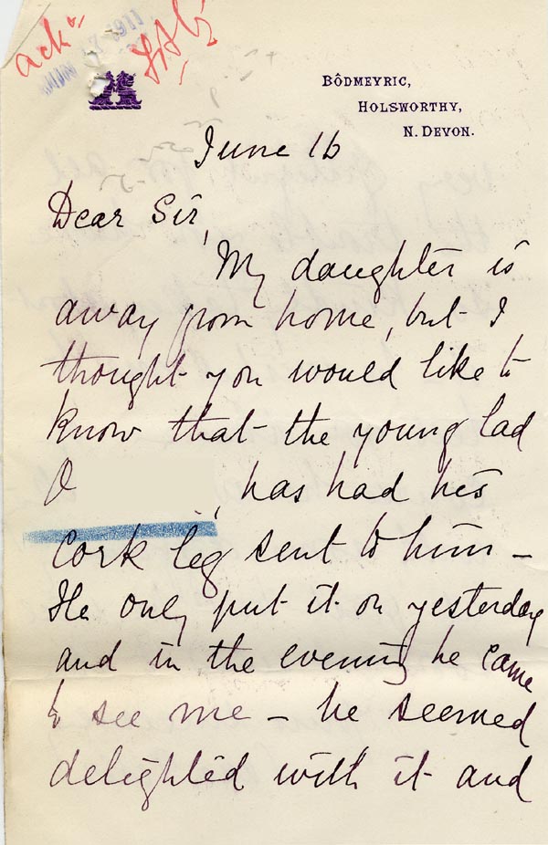 Large size image of Case 9498 63. Letter from Miss Peter's mother who had had a visit from A. wearing his new leg with which he (quote)seemed delighted(unquote)  16 June 1911
 page 1