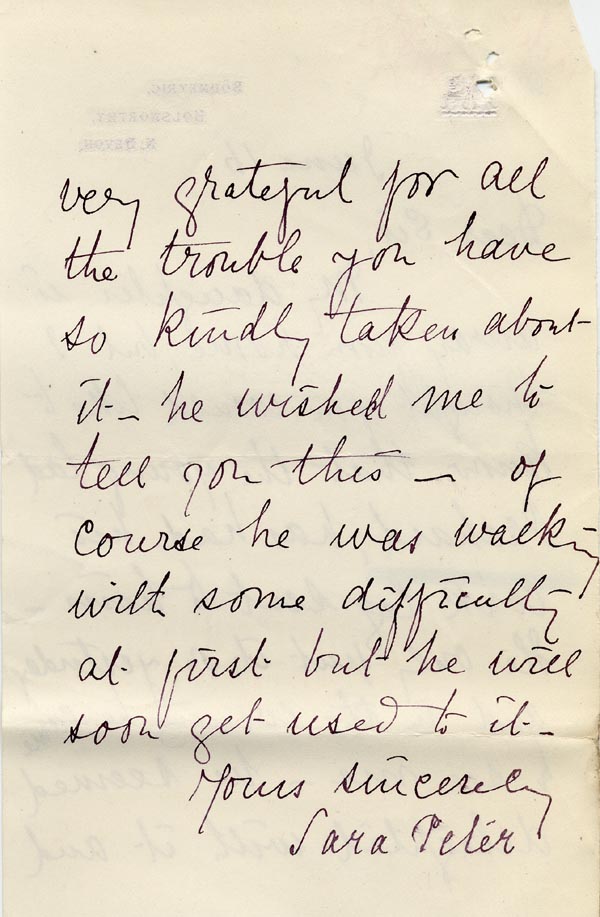 Large size image of Case 9498 63. Letter from Miss Peter's mother who had had a visit from A. wearing his new leg with which he (quote)seemed delighted(unquote)  16 June 1911
 page 2