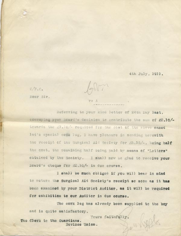 Large size image of Case 9498 64. Copy letter to the Devizes Union asking for their share of the payment for A's leg  4 July 1911
 page 1