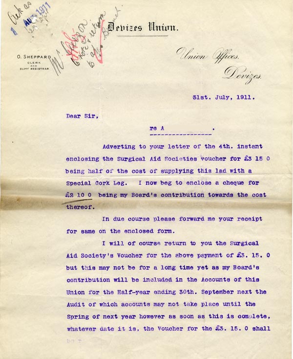 Large size image of Case 9498 65. Letter from Devizes Union enclosing their cheque for £2 10/-  31 July 1911
 page 1