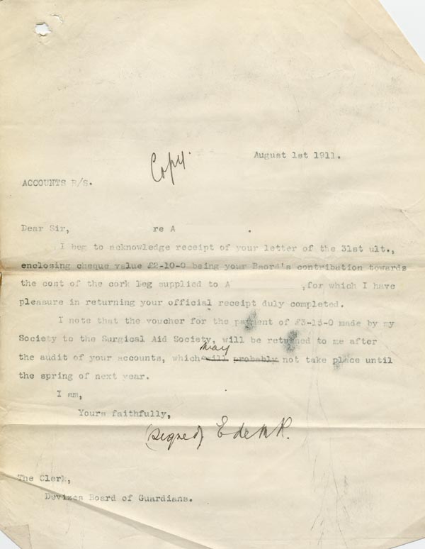 Large size image of Case 9498 66. Copy letter to the Devizes Union acknowledging receipt of the cheque  1 August 1911
 page 1