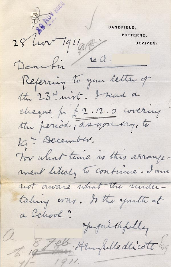 Large size image of Case 9498 67. Letter from Mr H.E. Medlicott enclosing a maintenance payment for A.  28 November 1911
 page 1