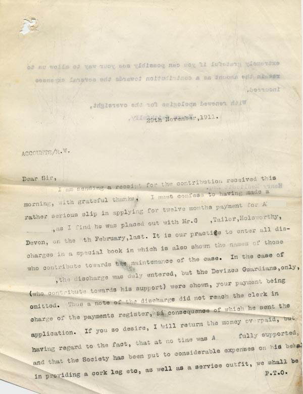 Large size image of Case 9498 68. Copy letter to Mr Medlicott acknowledging his contribution and apologising for an administrative error which meant the Society had omitted to inform him that A. had been discharged to a situation in Devon  29 November 1911
 page 1