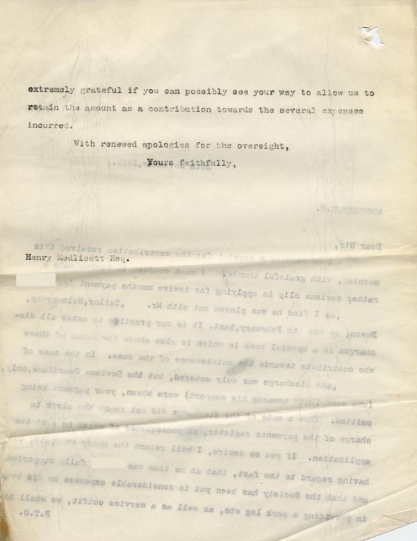 Large size image of Case 9498 68. Copy letter to Mr Medlicott acknowledging his contribution and apologising for an administrative error which meant the Society had omitted to inform him that A. had been discharged to a situation in Devon  29 November 1911
 page 2