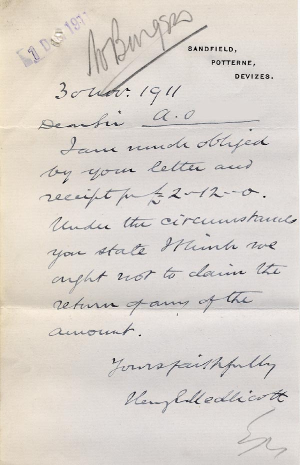 Large size image of Case 9498 69. Letter from Mr Medlicott saying that he did not wish to have his contribution of £2 12/- refunded  30 November 1911
 page 1