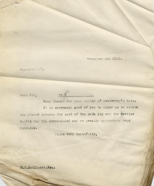 Large size image of Case 9498 70. Copy letter to Mr Medlicott thanking him for his donation  1 December 1911
 page 1