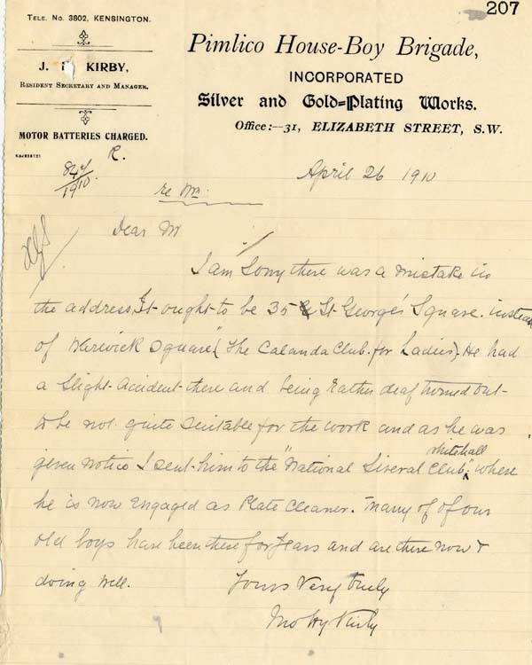 Large size image of Case 9569 3. Letter from J. Kirby, Manager of Pimlico House Boy Brigade  26 April 1910
 page 1