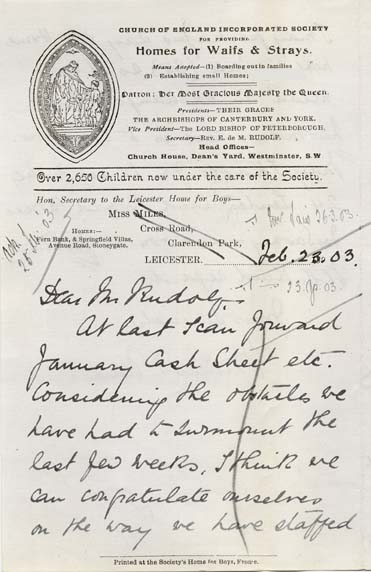 Large size image of Case 9616 3. Letter from the Honorary Secretary of the Leicester Home, Mrs Frances Faire  23 February 1903
 page 1