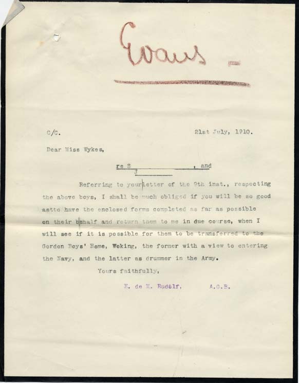 Large size image of Case 9616 8. Copy letter to Miss Wykes concerning J's possible transfer to the Gordon Boys Home, Woking  21 July 1910
 page 1