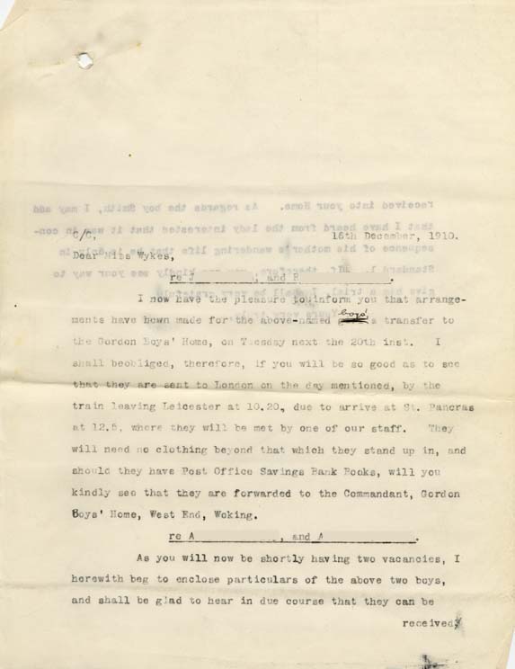 Large size image of Case 9616 12. Copy letter concerning arrangements for J's admission to the Gordon Boys Home  16 December 1910
 page 1