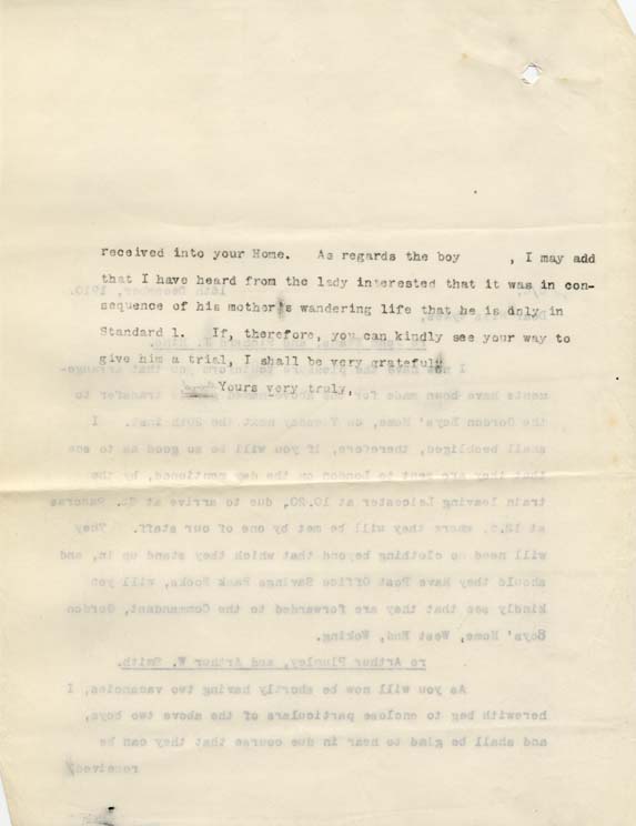 Large size image of Case 9616 12. Copy letter concerning arrangements for J's admission to the Gordon Boys Home  16 December 1910
 page 2