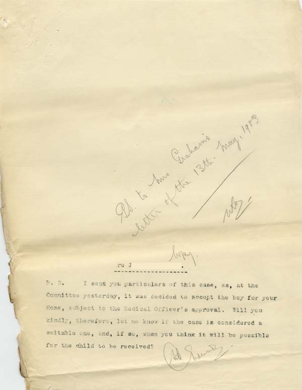 Large size image of Case 9627 6. Postscript concerning the acceptance of J. by St Martin's Home  May 1903
 page 1