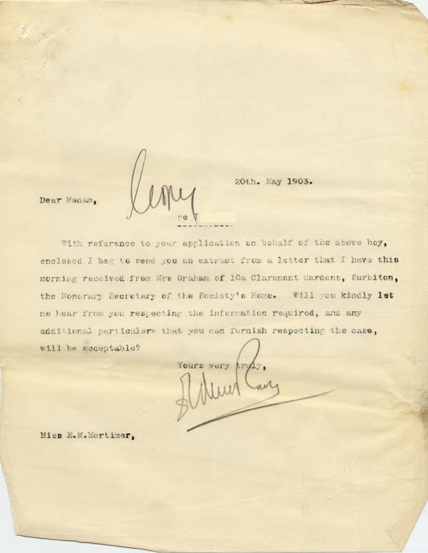 Large size image of Case 9627 8. Copy letter from Revd E. Rudolf passing onto Mary Mortimer the request from Mrs Graham  20 May 1903
 page 1