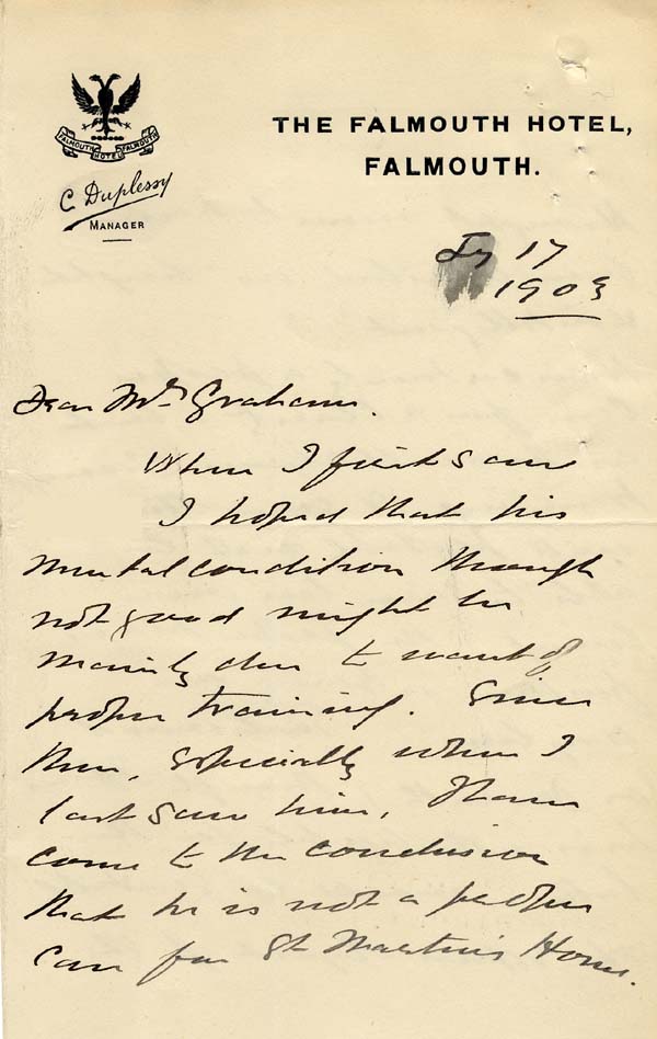 Large size image of Case 9627 16. Letter from Dr Ackerley about J. and his suitability for St Martin's  17 July 1903
 page 1