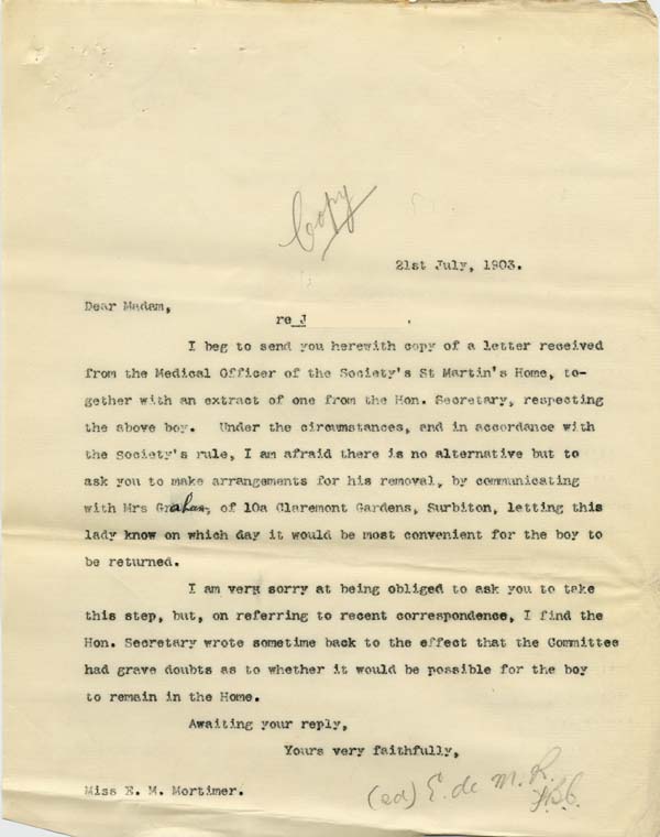 Large size image of Case 9627 19. Copy letter to Mary Mortimer asking her to make arrangements for J's removal  21 July 1903
 page 1