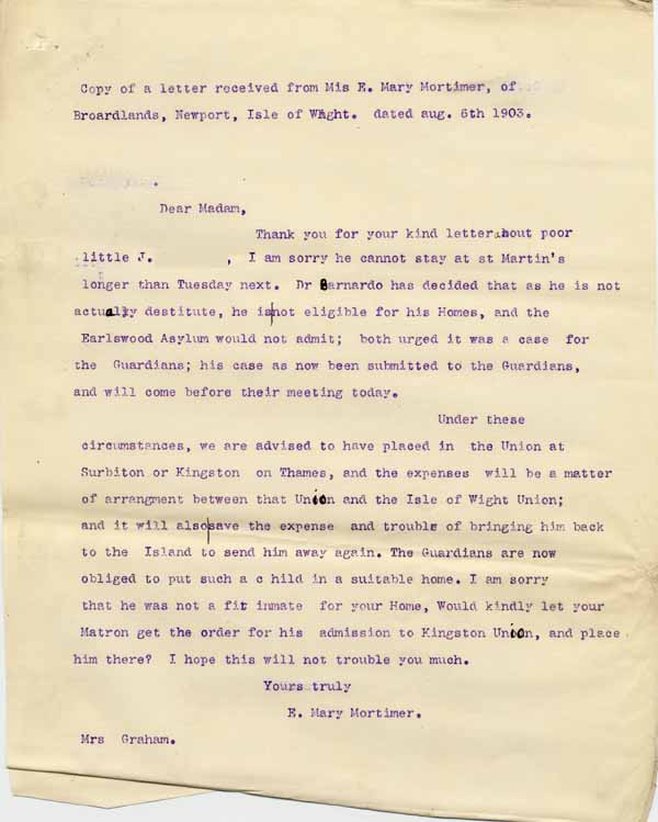Large size image of Case 9627 21. Letter from Mary Mortimer requesting that J. be admitted to the Kingston Union  6 August 1903
 page 1