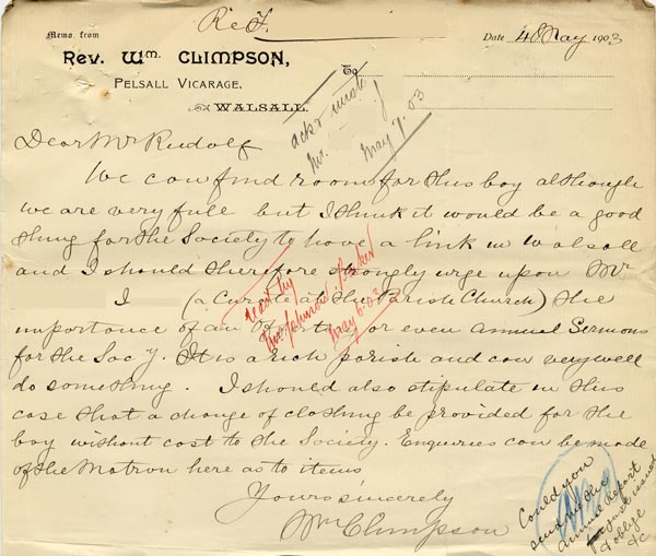 Large size image of Case 9635 5. Letter from Revd Climpson agreeing to take T. at the Pelsall Home  4 May 1903
 page 1