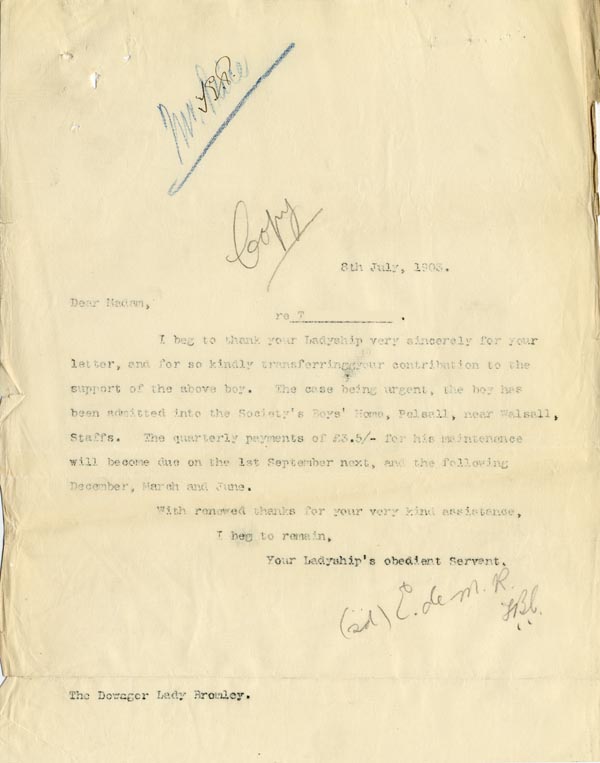 Large size image of Case 9635 10. Copy letter thanking Lady Bromley for transferring her contribution to T's support  8 July 1903
 page 1