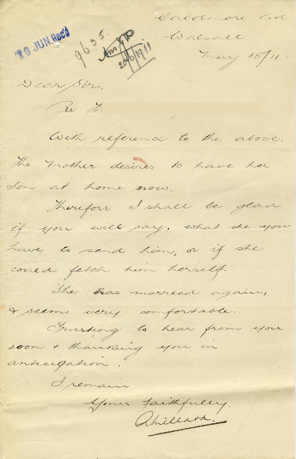 Large size image of Case 9635 11. Letter from A. Millard requesting that T. be returned to his mother  15 May 1911
 page 1