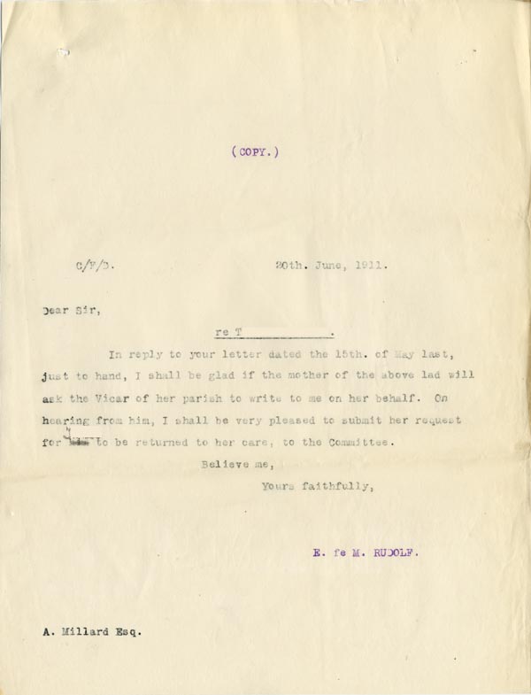Large size image of Case 9635 12. Copy letter from Revd Edward Rudolf to Mr Millard asking that the Vicar of the mother's parish write on her behalf  20 June 1911
 page 1